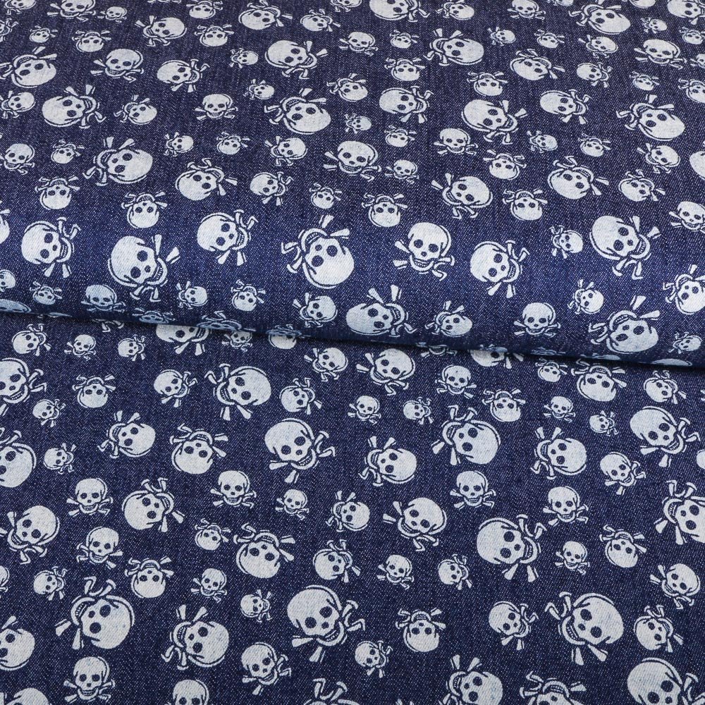 Tissu Chambray Skull Blancs sur fond Bleu jean foncé