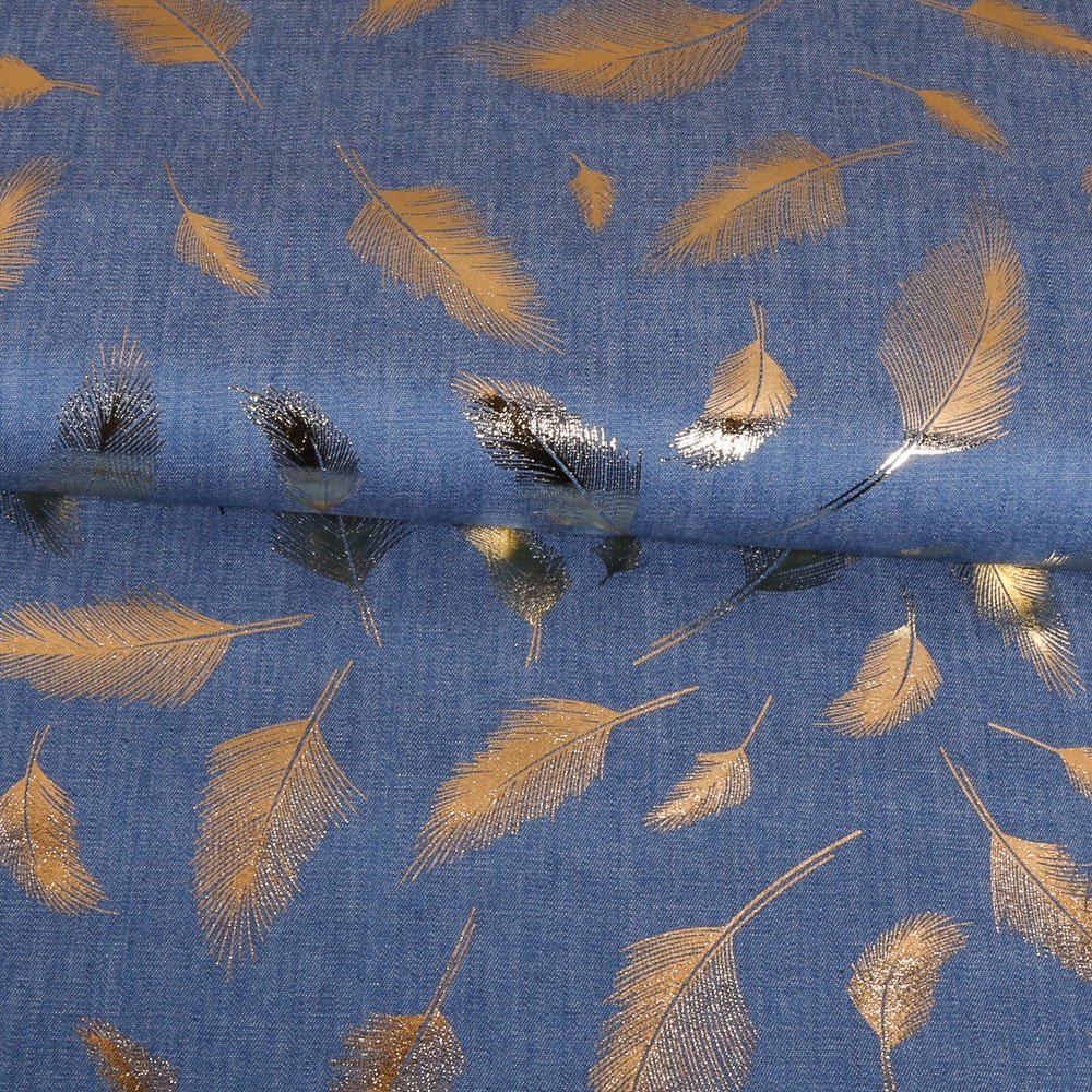 Tissu Chambray Bleu jean clair Plumes Or