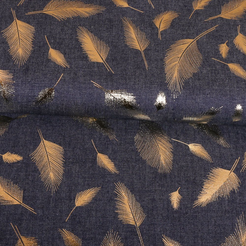 Tissu Chambray Bleu jean foncé Plumes Or