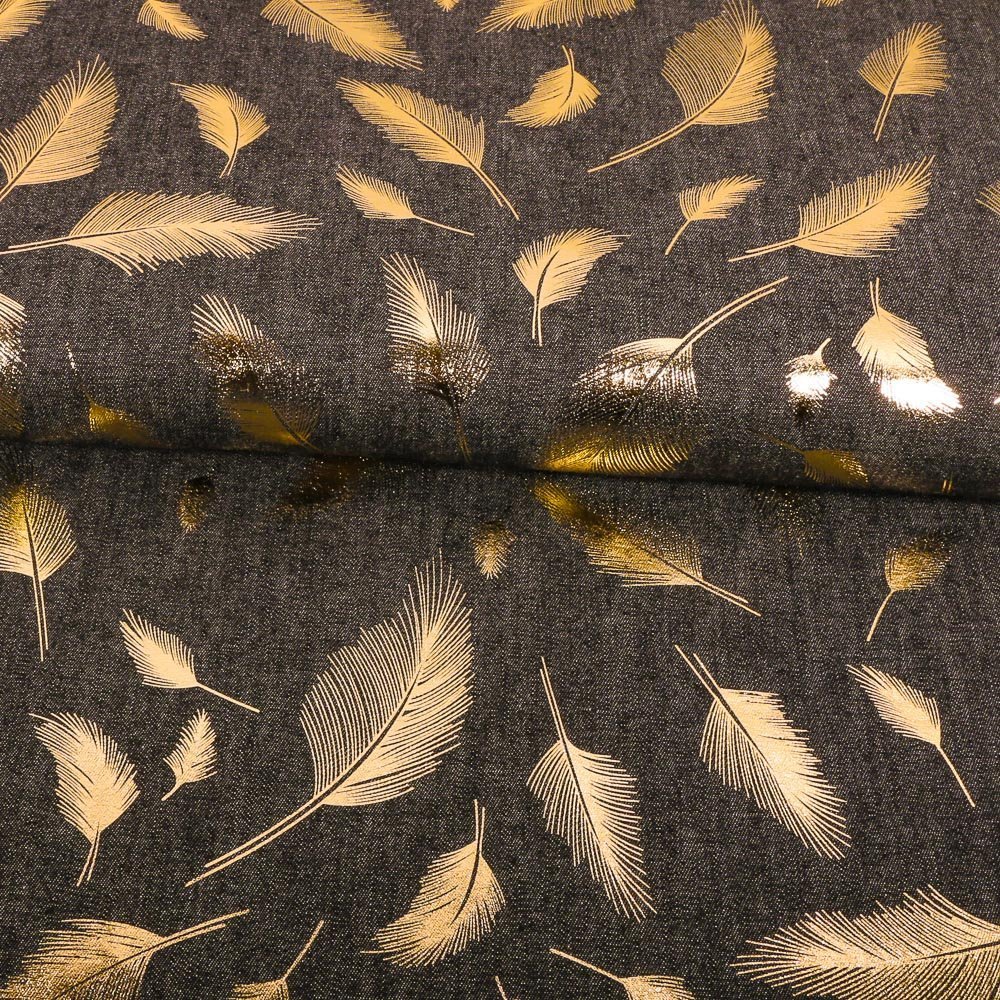 Tissu Chambray Plumes Or sur fond Noir