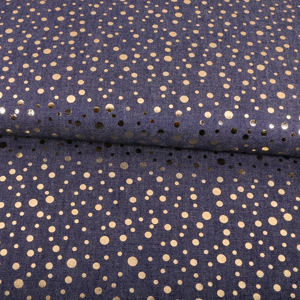 Tissu Chambray Pois Or sur fond Bleu jean foncé