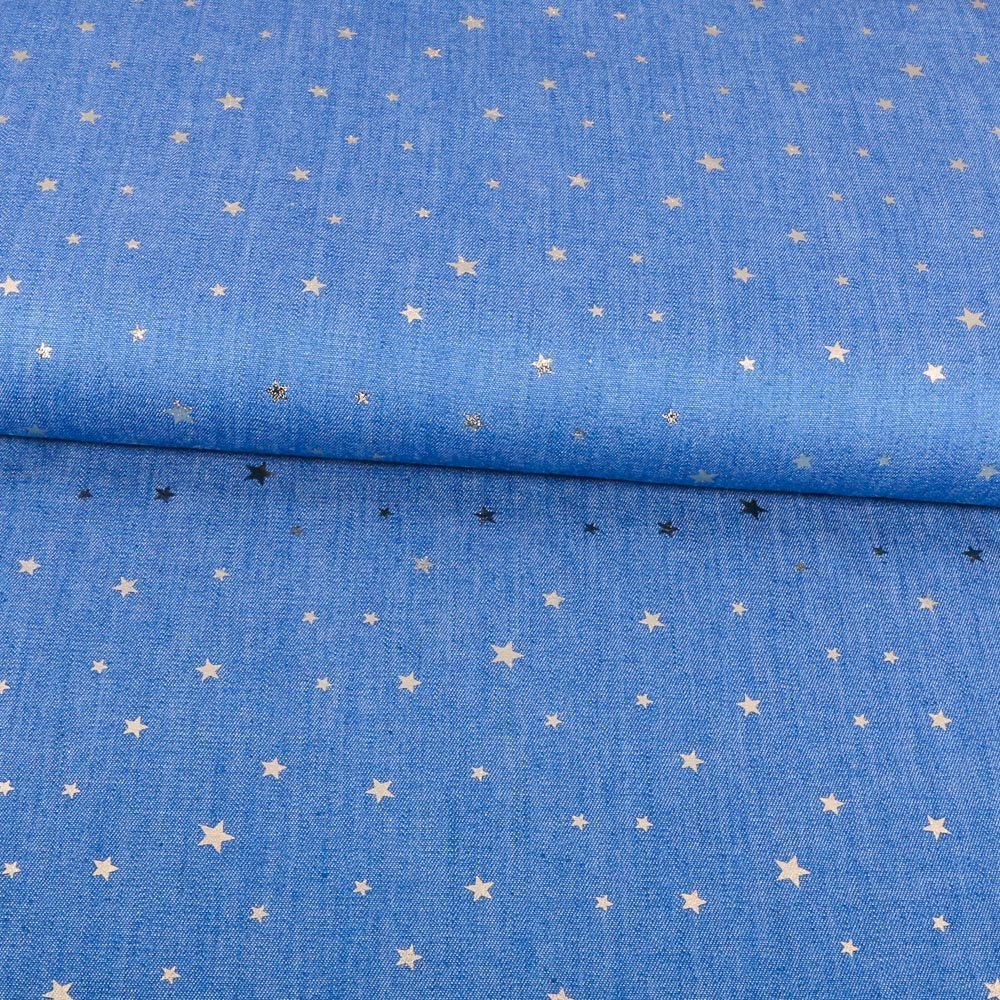 Tissu Chambray Petites etoiles Or sur fond Bleu jean clair