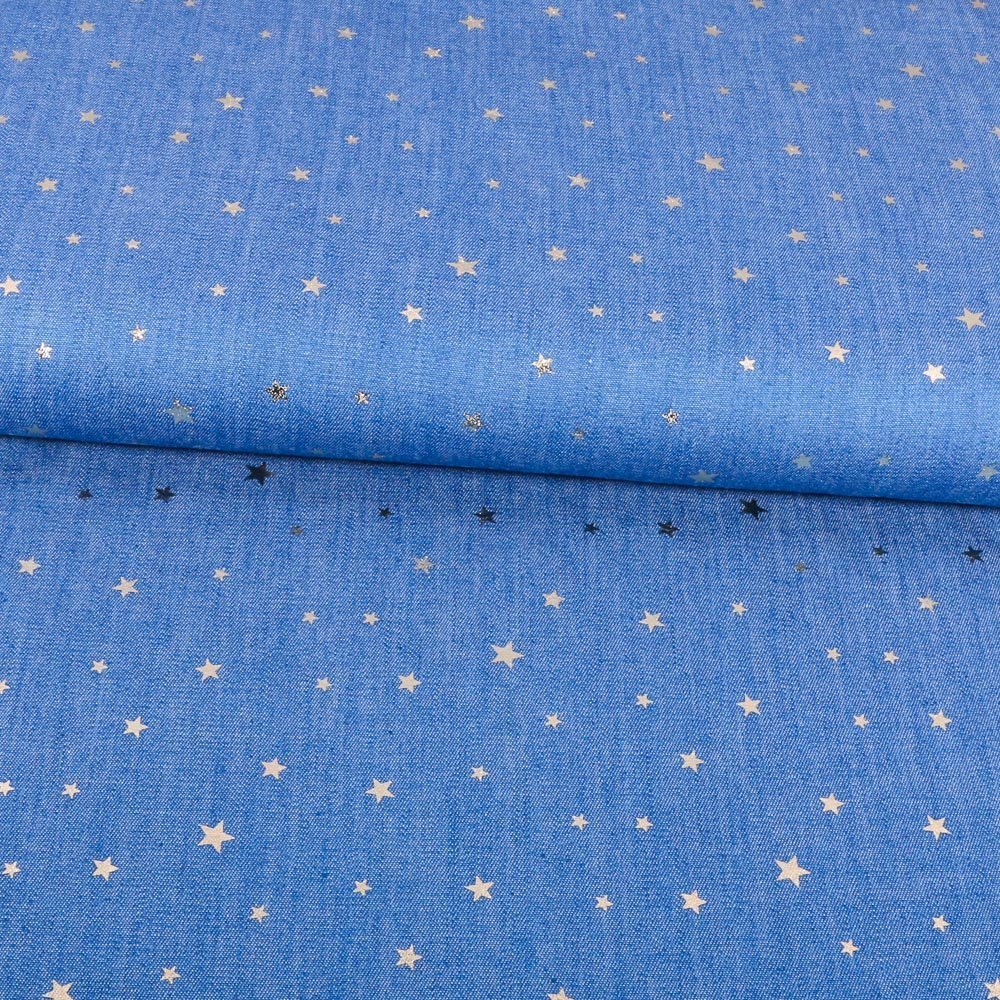 Tissu Chambray Petites étoiles Or sur fond Bleu jean clair
