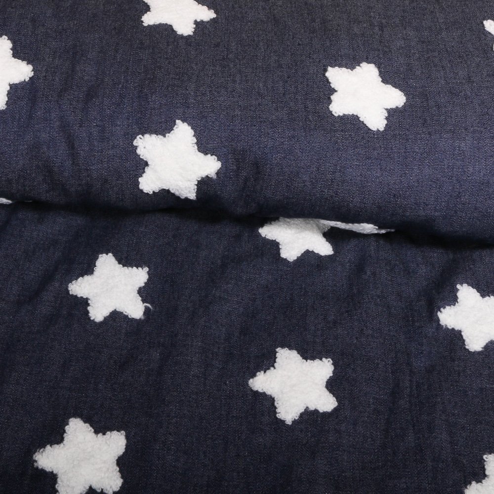 Tissu Chambray Bleu foncé Etoiles aspect nuages blancs