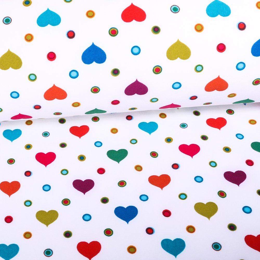 Tissu Néoprène Envers Polaire Coeurs Multicolore sur fond Blanc