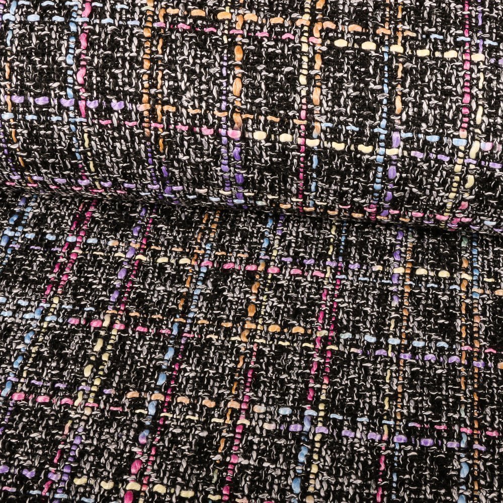 Tissu Jacquard Tissé effet Tweed Rose, violet et jaune pastel