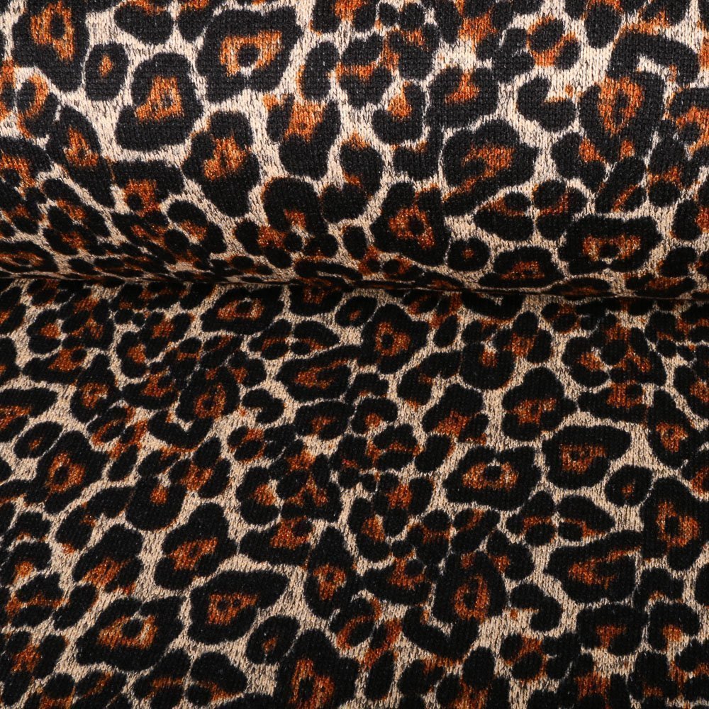 Tissu Pull tout doux Léopard Marron sur fond Ecru