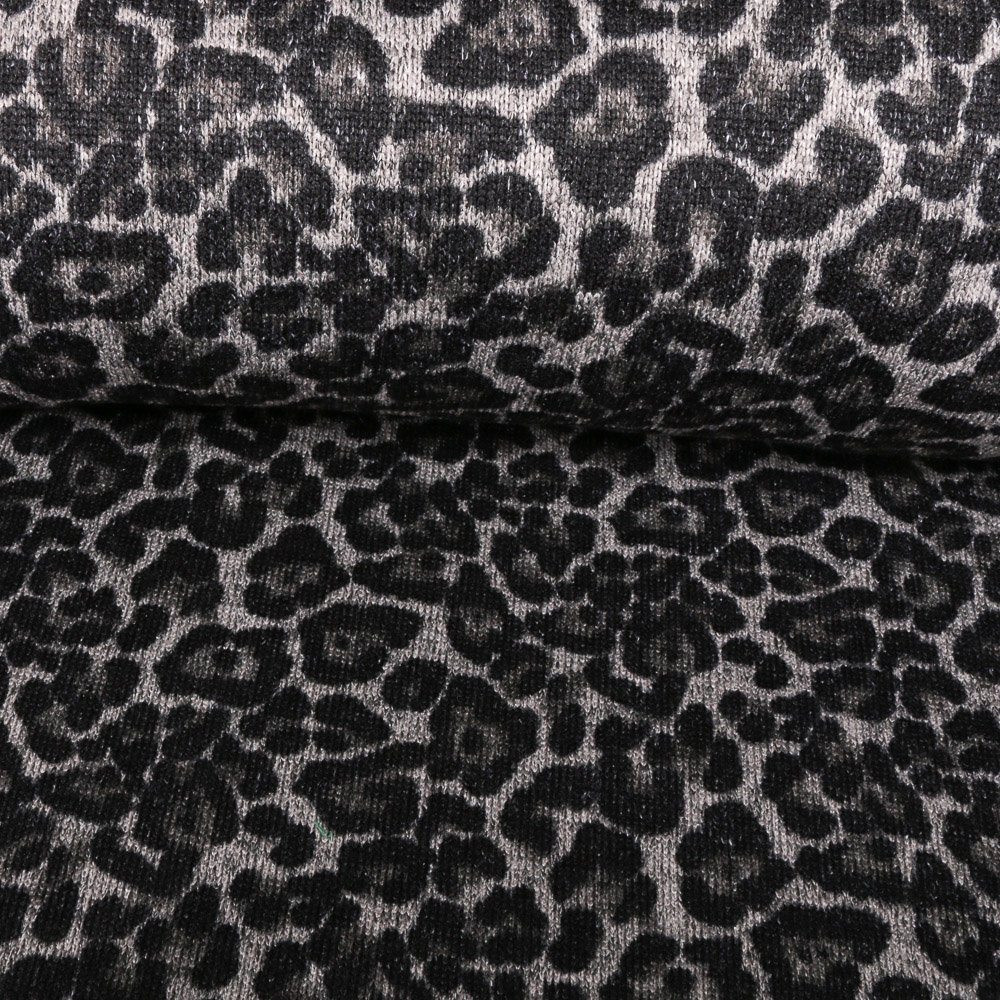 Tissu Pull tout doux Léopard Noir sur fond Gris