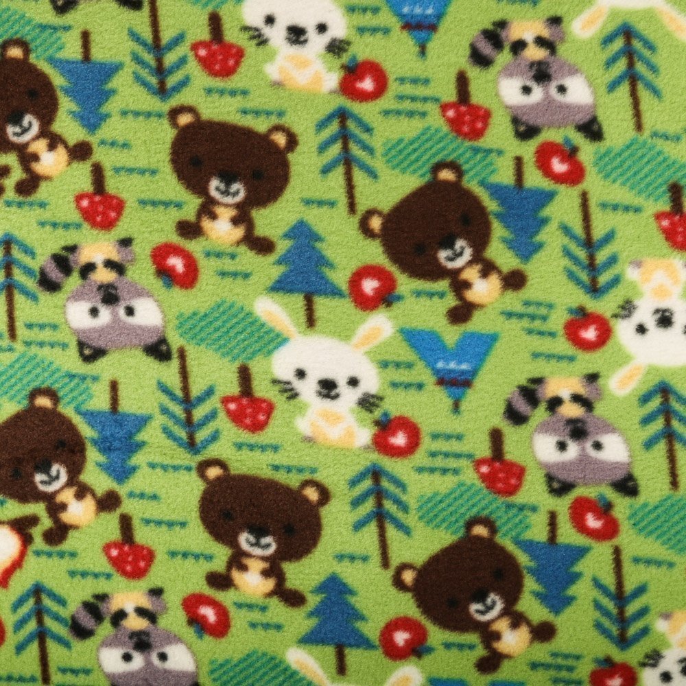 Tissu Polaire Animaux forêt Marrons et bleus sur fond Vert