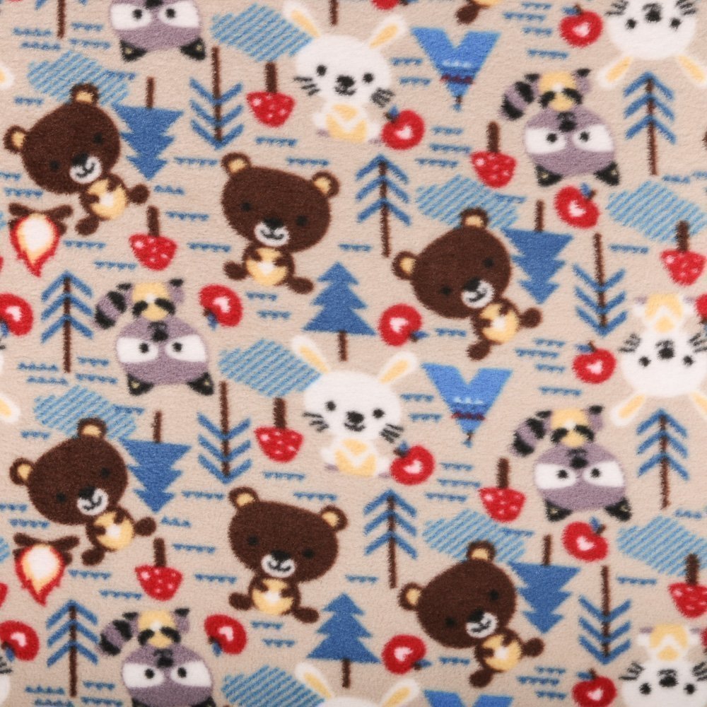 Tissu Polaire Beige Animaux forêt Marrons et bleus