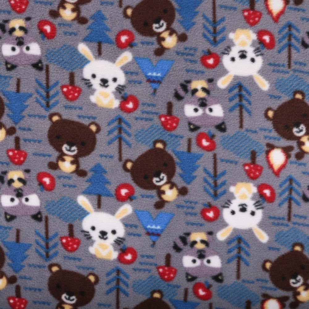 Tissu Polaire Gris foncé Animaux forêt Marrons et bleus