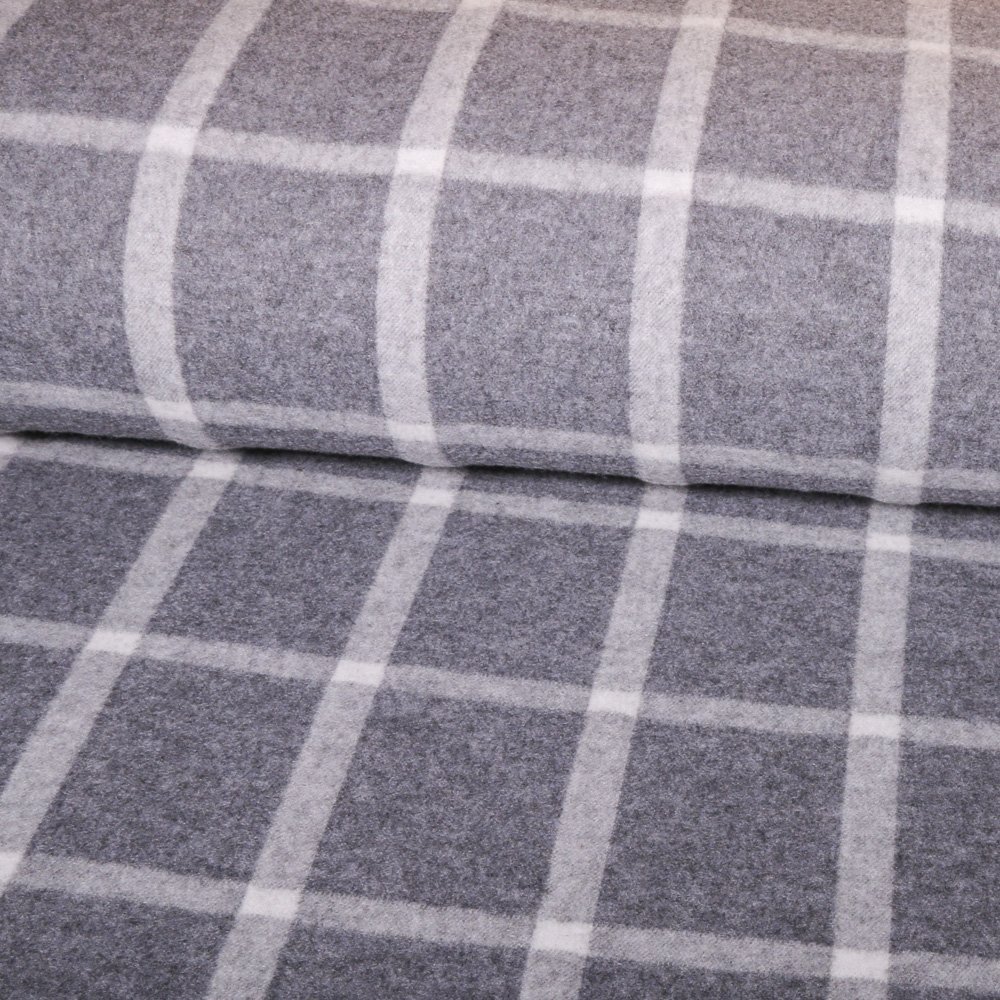 Tissu Lainage Carreaux Gris clair sur fond Blanc