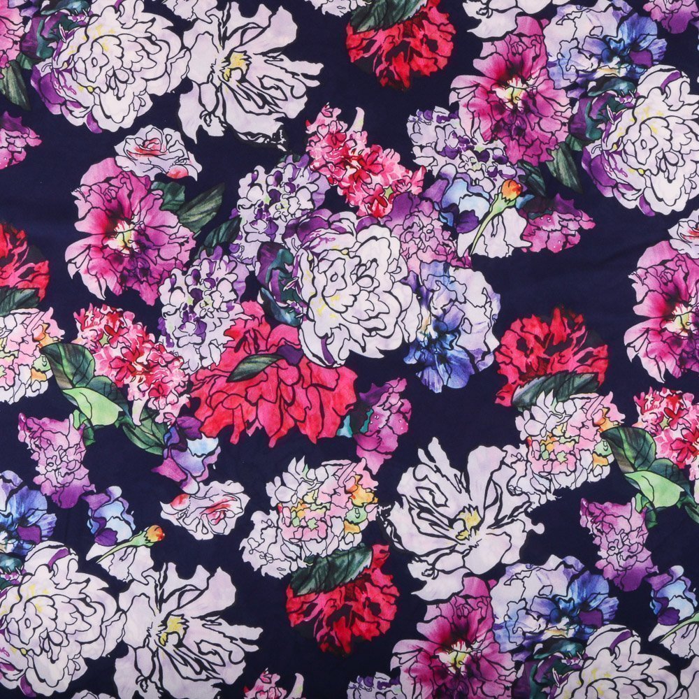 Tissu Voile Fleuris Violet et fuschia sur fond Marine