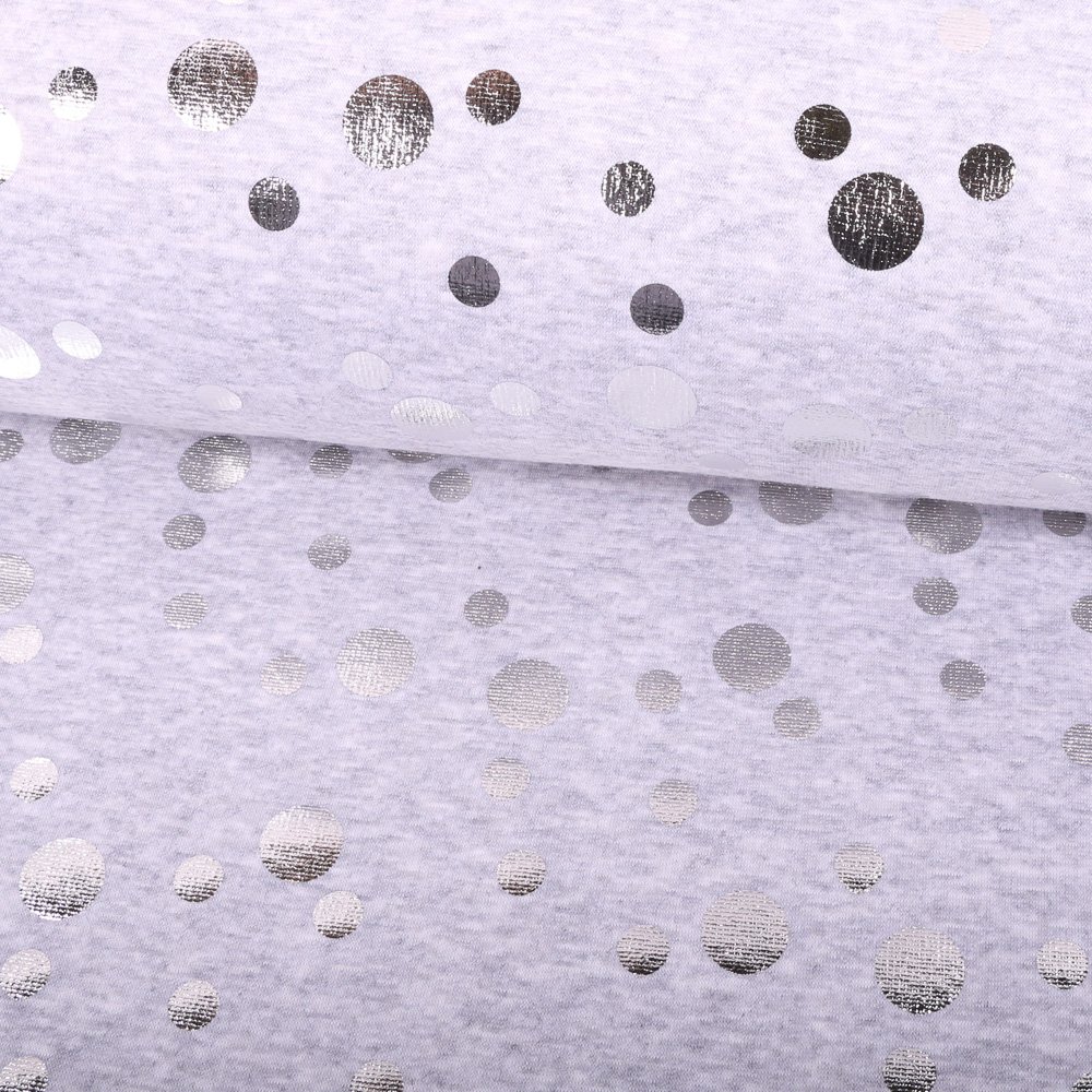 Tissu Sweat envers minky Pois Argent sur fond Gris chiné