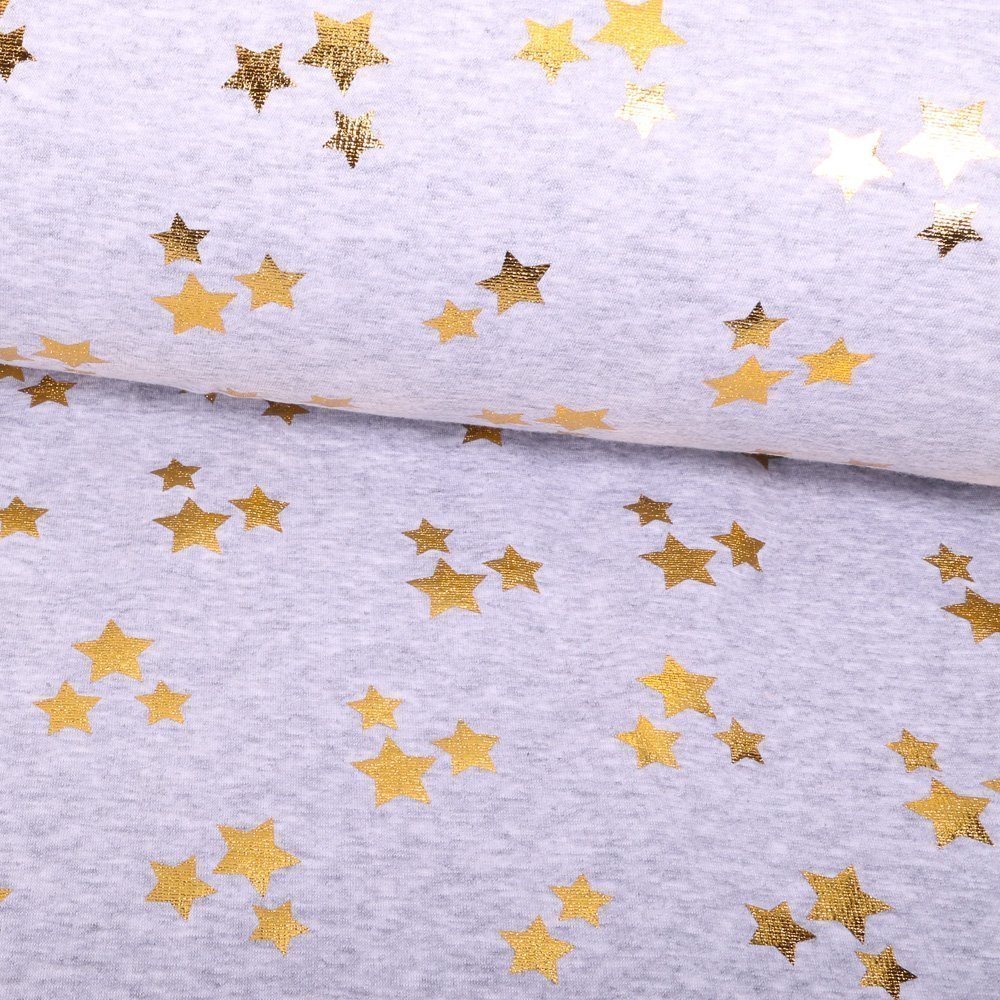 Tissu Sweat envers minky Etoiles Or sur fond Gris chiné