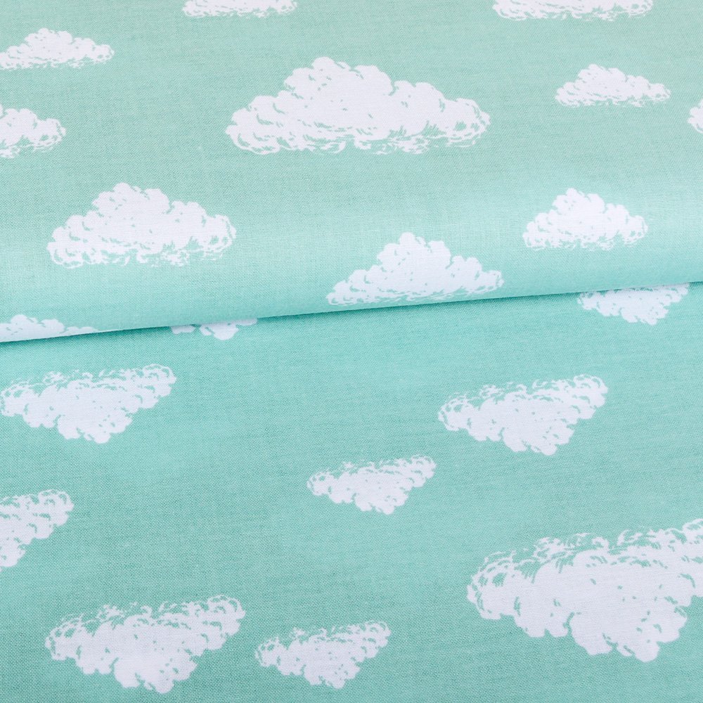 Tissu Coton LittleBird Nuages Blancs sur fond Menthe