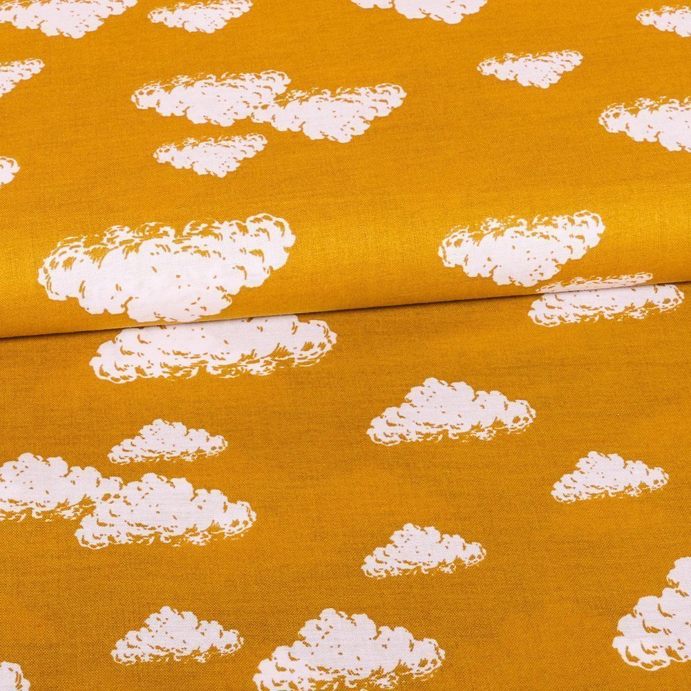 Tissu Coton LittleBird Nuages Blancs sur fond Moutarde
