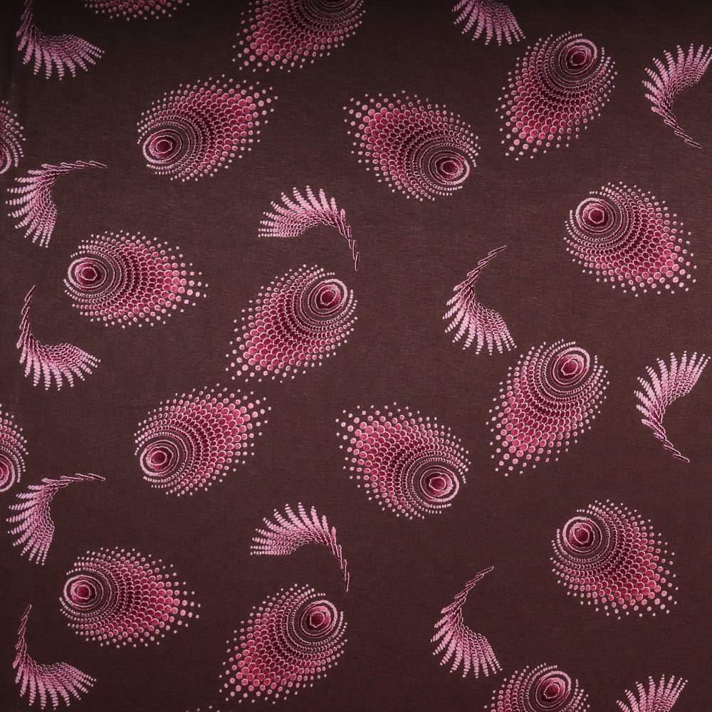 Tissu Jersey Viscose Tourbillons en degradé Fuschia sur fond Marron