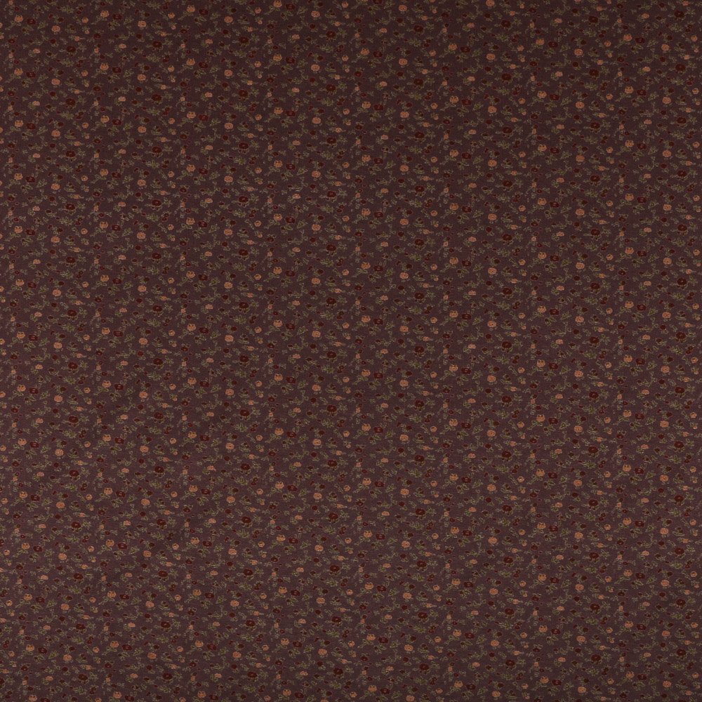 Tissu Jersey Viscose Petites fleurs Bordeaux et oranges sur fond Marron chocolat