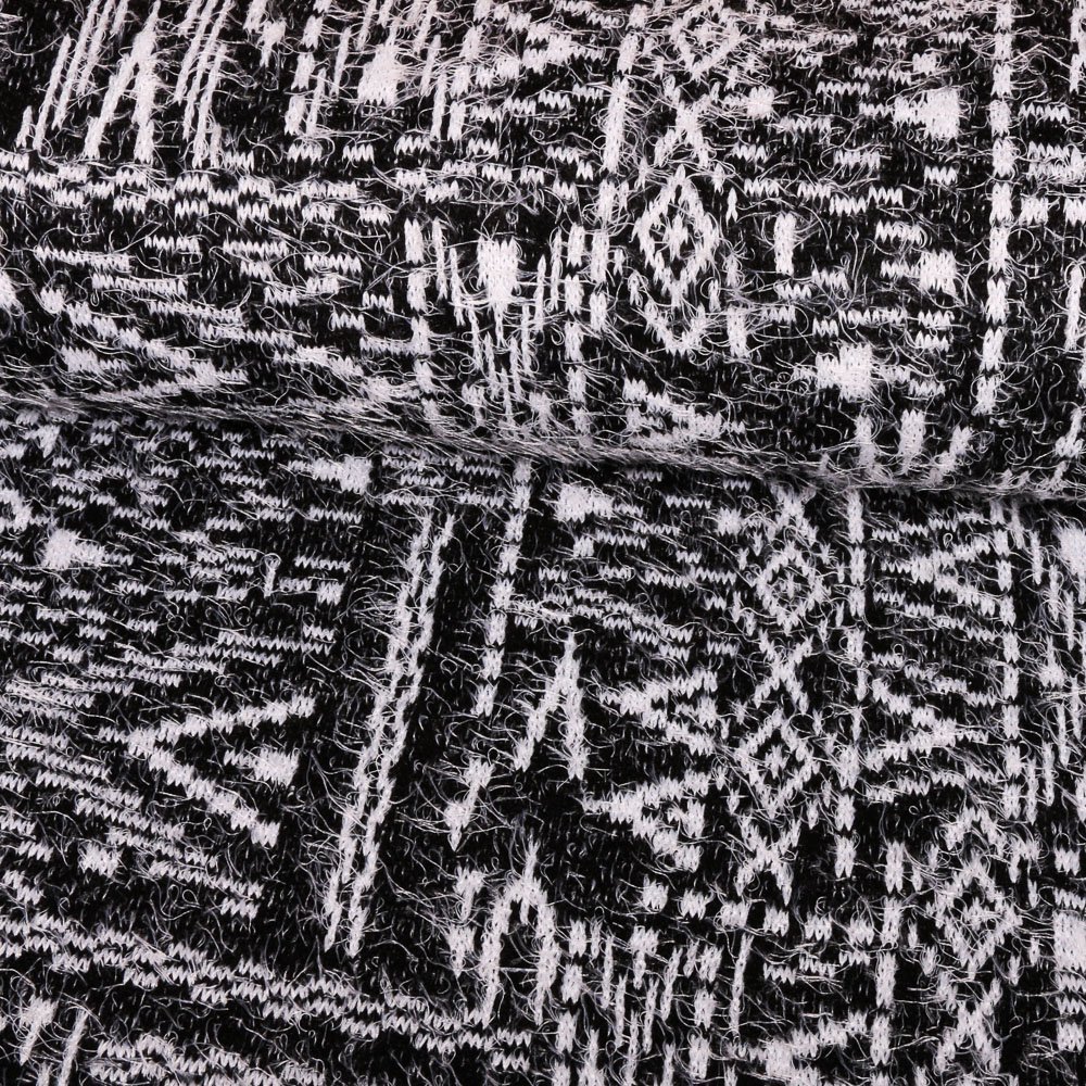 Tissu Maille Pull Aztèques poils Blanc sur fond Noir
