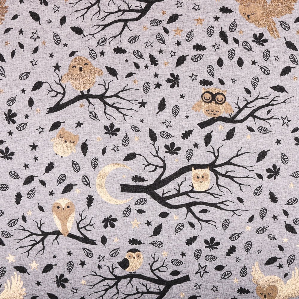 Tissu Jersey Jogging Gris clair Chouettes, arbres et lunes Or