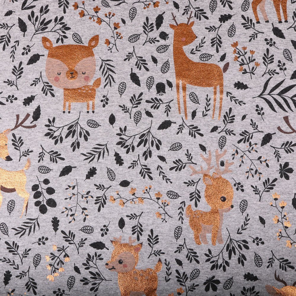 Tissu Jersey Jogging Bambis et chevreuils Cuivre sur fond Gris clair