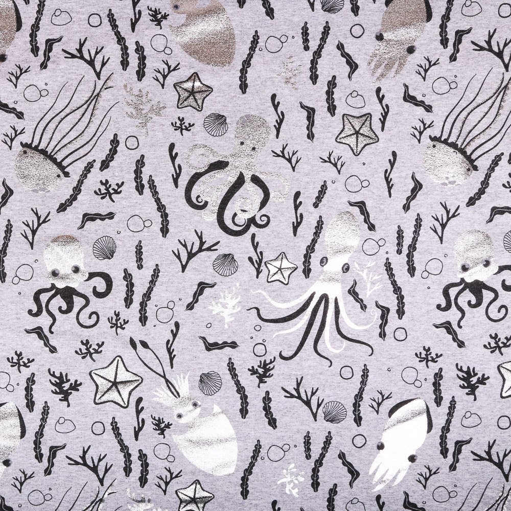 Tissu Jersey Jogging Pieuvres Argent sur fond Gris clair chiné