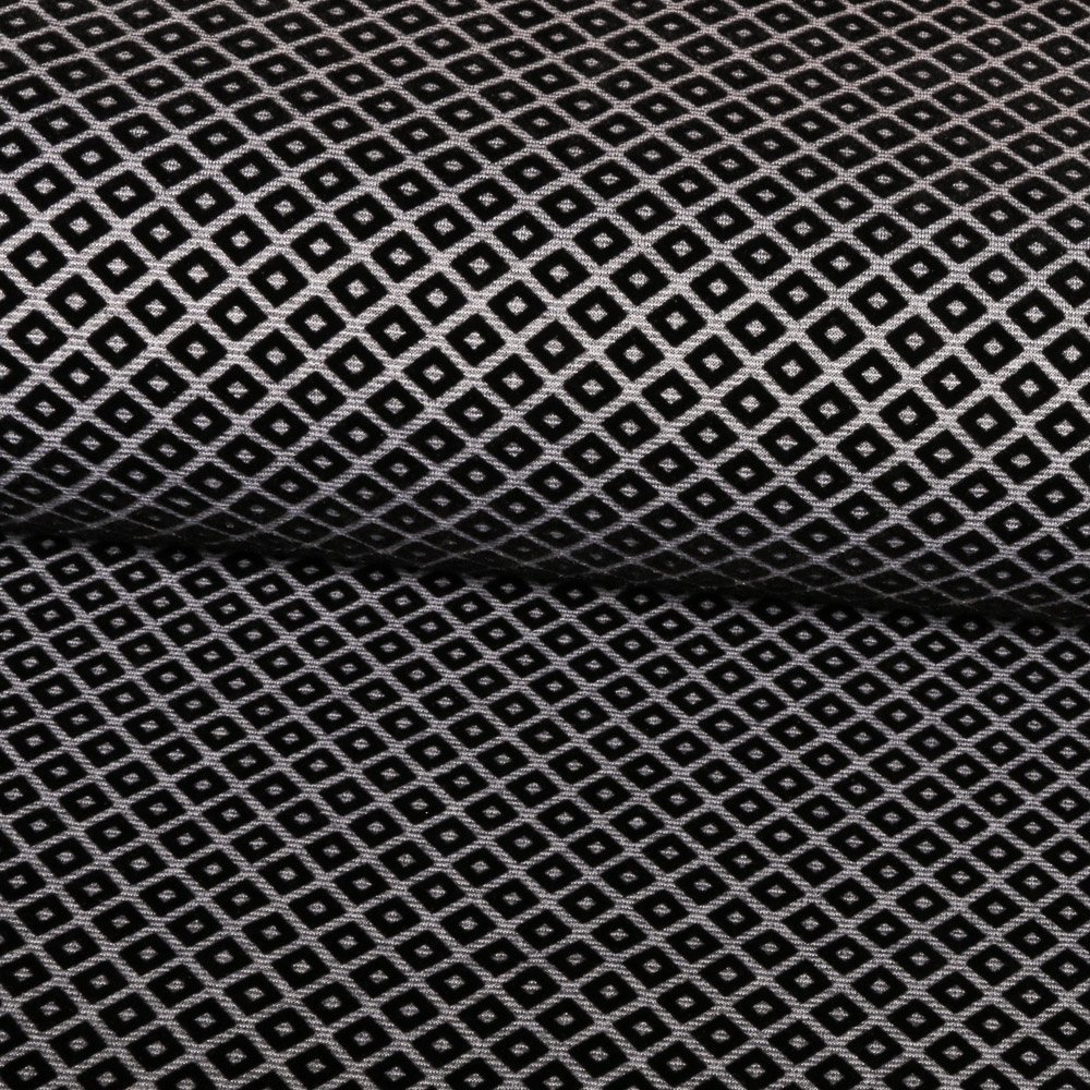 Tissu Jacquard Jersey Floqué Losanges en relief Noirs sur fond Gris clair