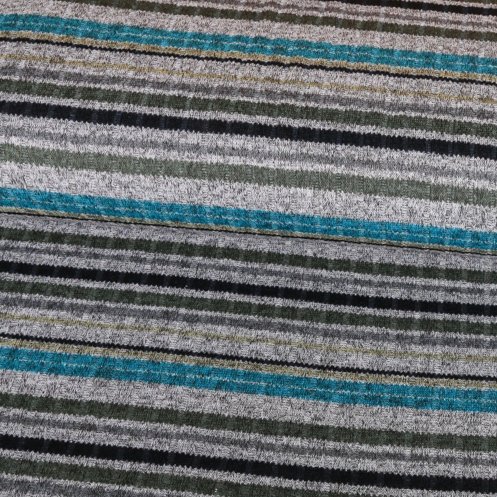 Tissu Maille Cotelé Extensible Rayures Bleues et vertes