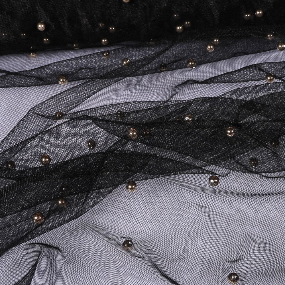 Tissu Résille Perles Argent sur fond Noir
