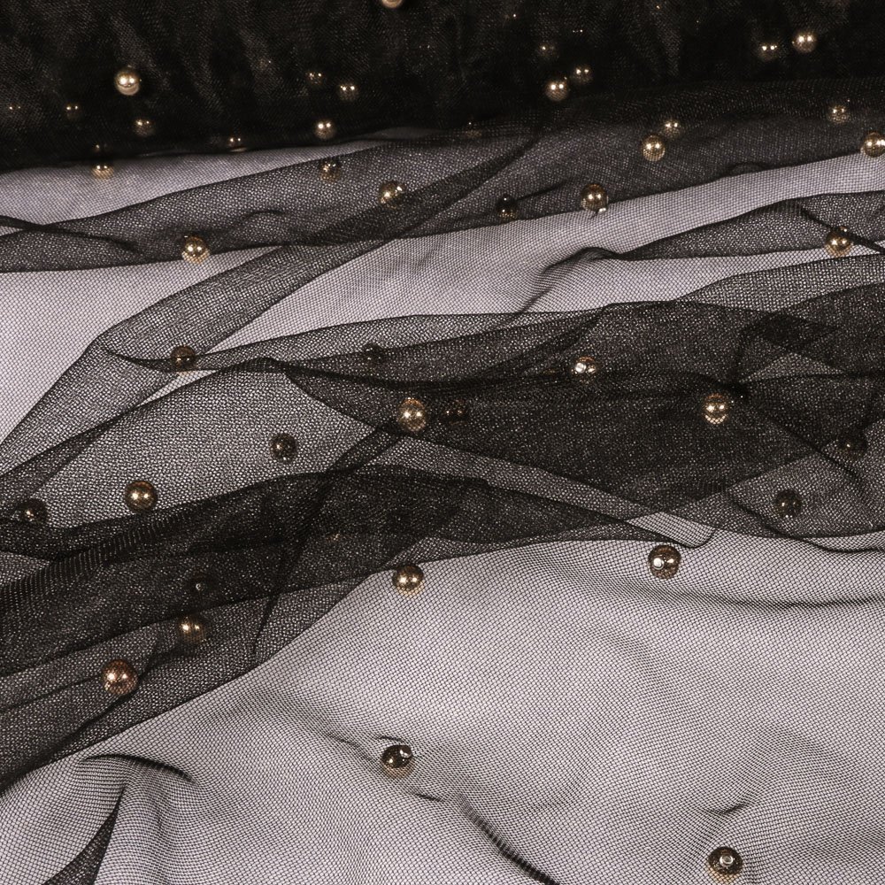 Tissu Résille Perles Or sur fond Noir
