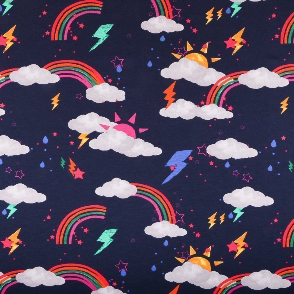 Tissu Jersey Coton Météos diverses sur fond Bleu nuit