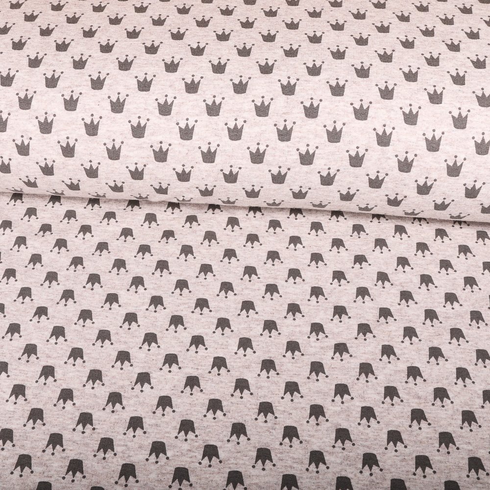 Tissu Jersey Jogging Couronnes Grises sur fond Ecru chiné