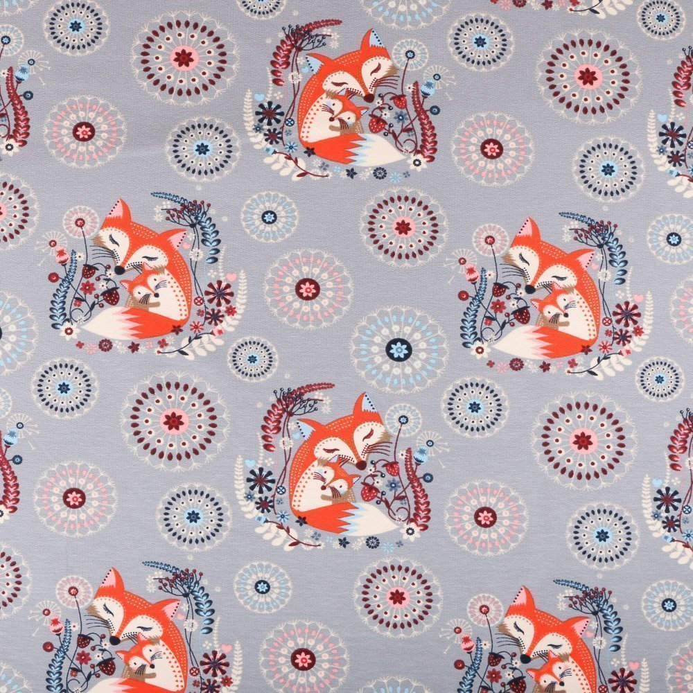 Tissu Jersey Coton Renards Orange sur fond Gris pierre