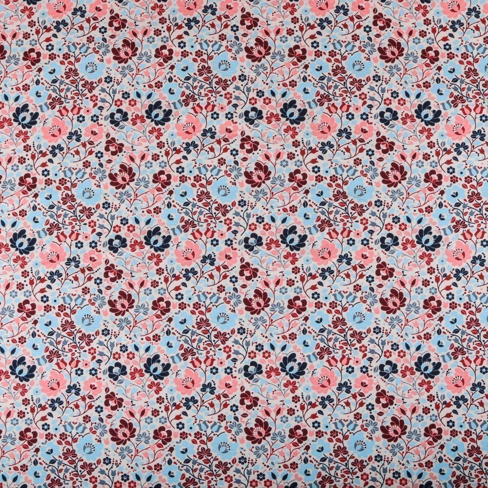 Tissu Jersey Coton Fleuris Roses et bleues sur fond Crème