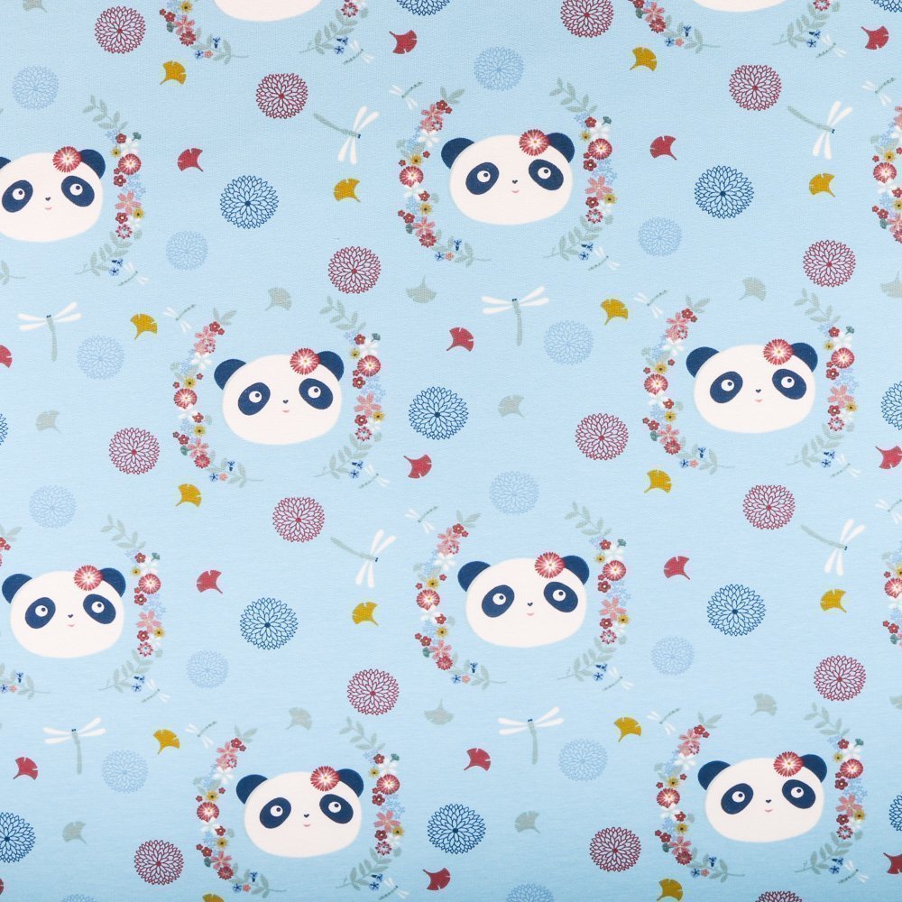Tissu Jersey Coton Pandas et fleurs sur fond Bleu clair