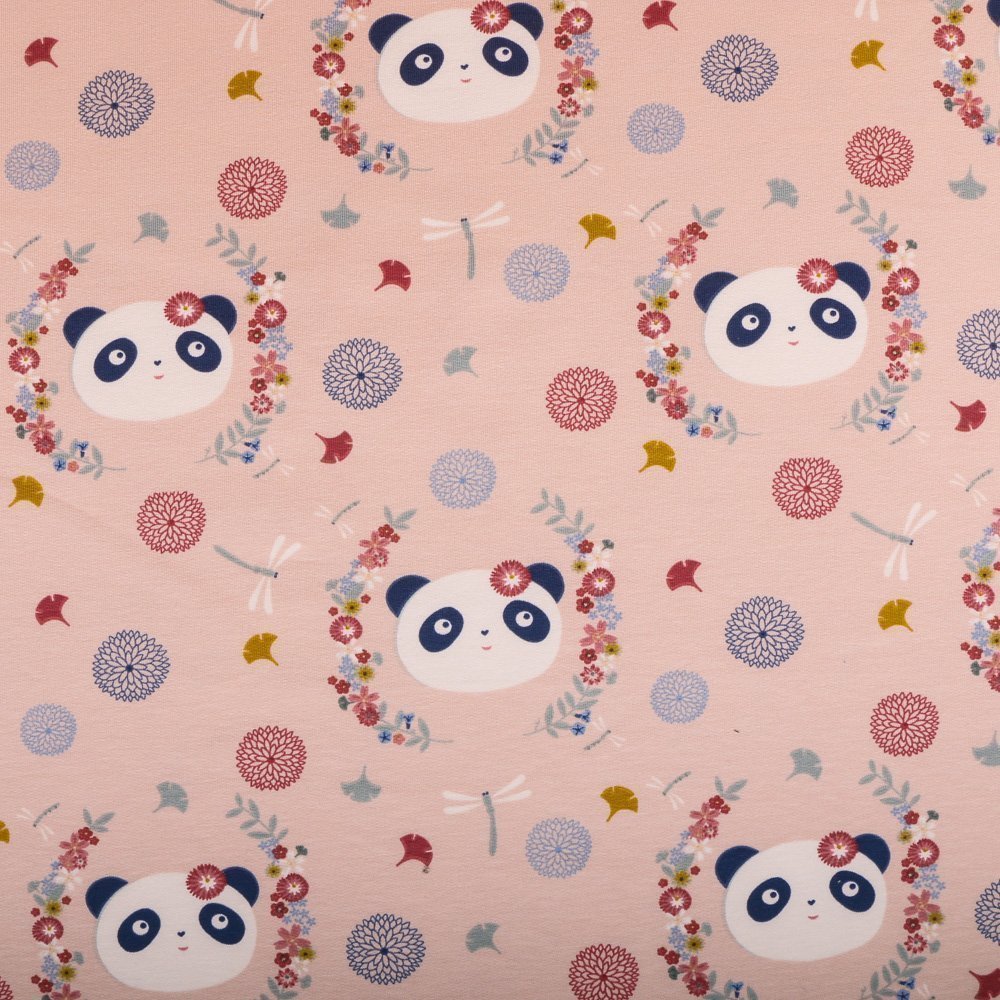 Tissu Jersey Coton Rose pâle Pandas et fleurs