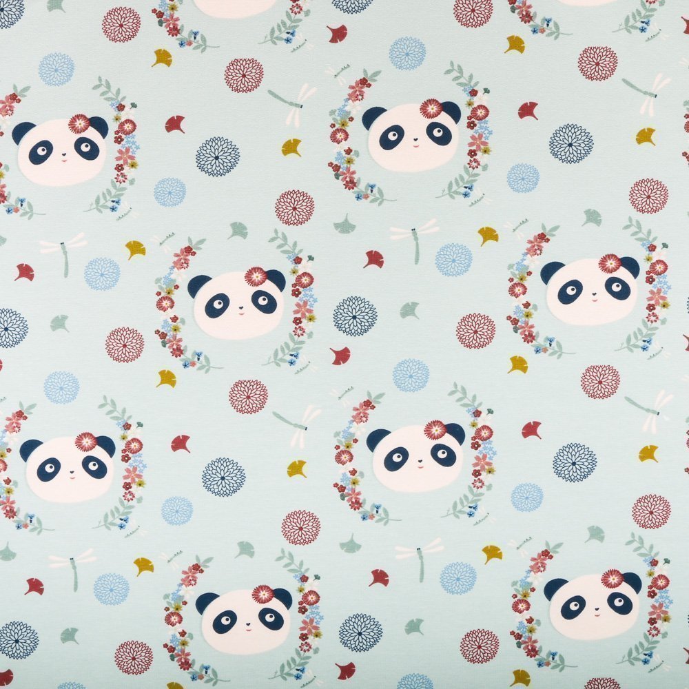 Tissu Jersey Coton Pandas et fleurs sur fond Menthe