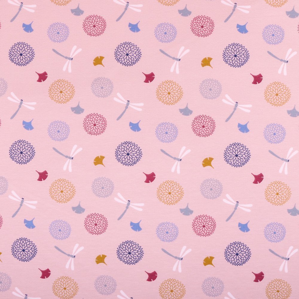 Tissu Jersey Coton Rose clair Pissenlits et libellules Multicolore