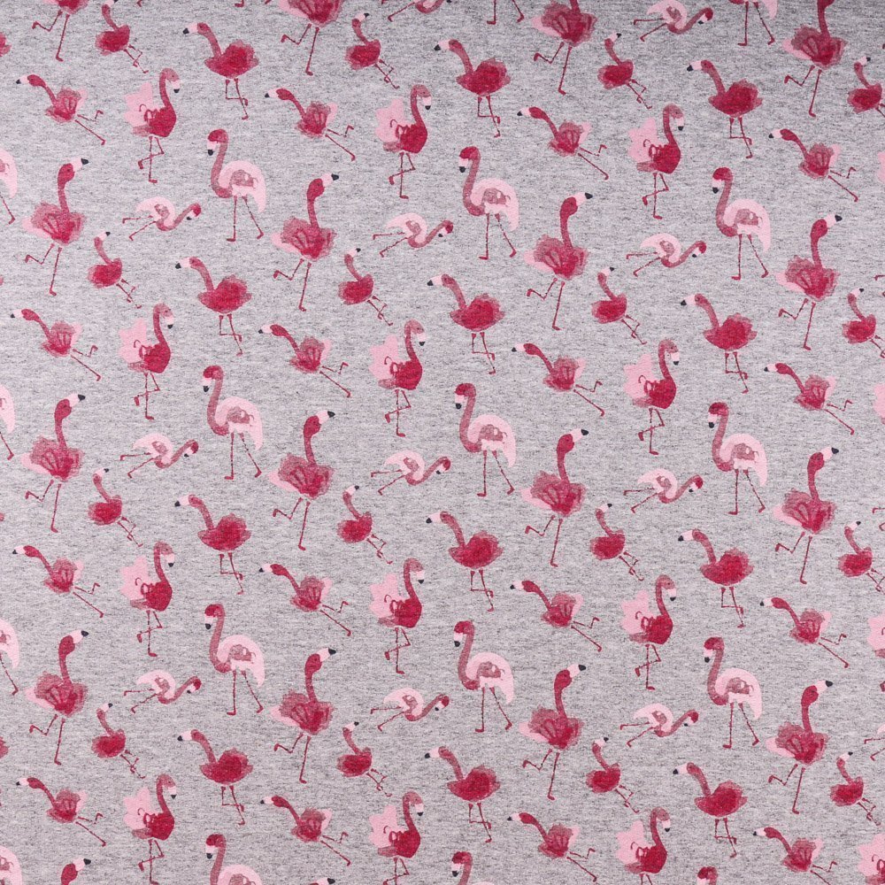 Tissu Jersey Jogging Flamants roses sur fond Gris chiné
