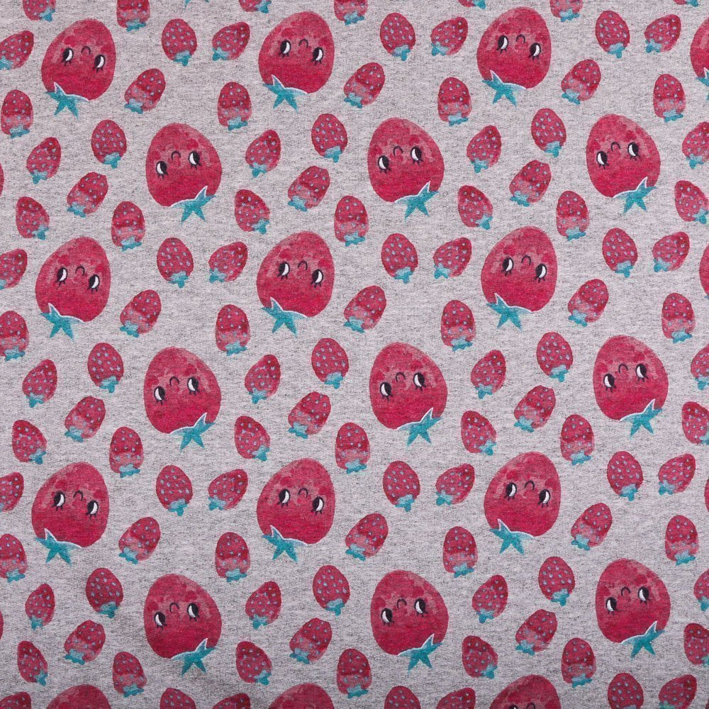 Tissu Jersey Jogging Gris chiné Bonhommes fraise