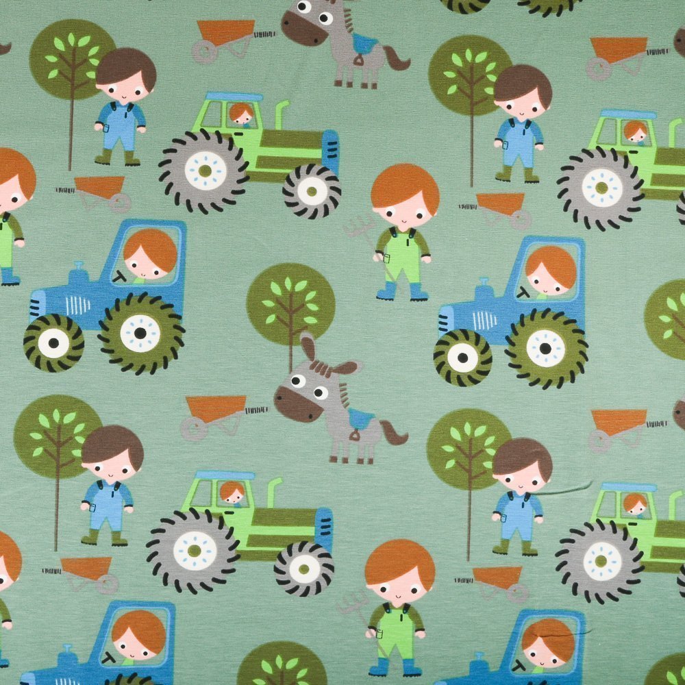 Tissu Jersey Coton Agriculteurs et tracteurs sur fond Vert opale