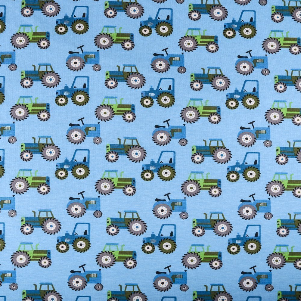 Tissu Jersey Coton Tracteurs Gris et bleus sur fond Bleu clair