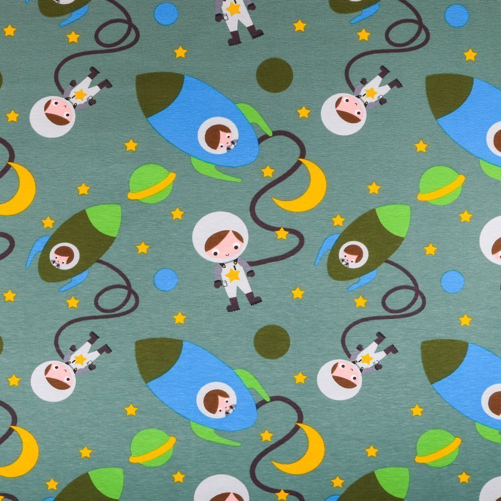 Tissu Jersey Coton Fusées et astronautes Bleus sur fond Lichen