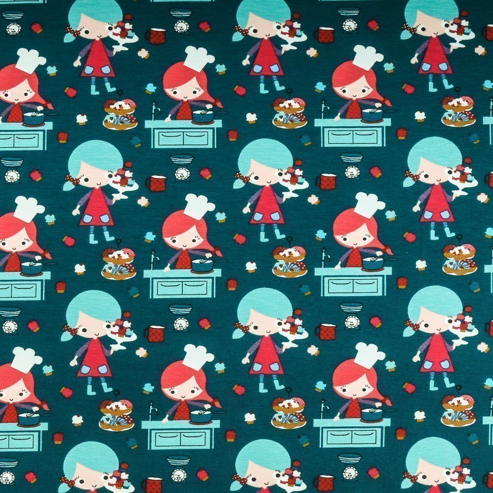 Tissu Jersey Coton Jeune cuisinière sur fond Vert opale