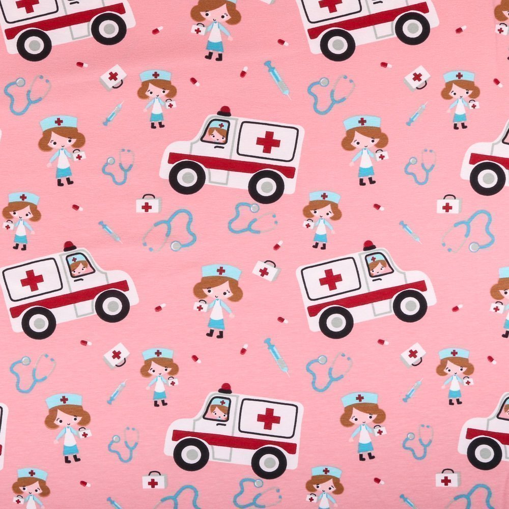 Tissu Jersey Coton Infirmières et ambulances sur fond Rose