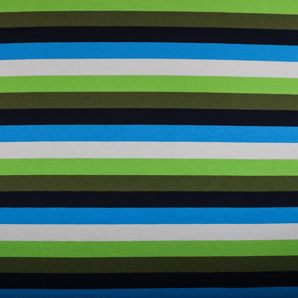 Tissu Jersey Coton Rayures Vertes, bleues et noires