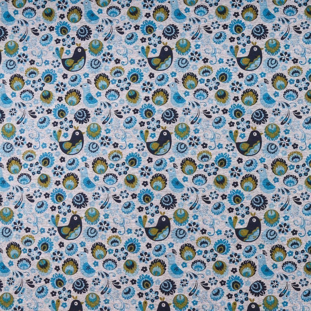 Tissu Jersey Coton Paons et oiseaux Bleus sur fond Gris chiné