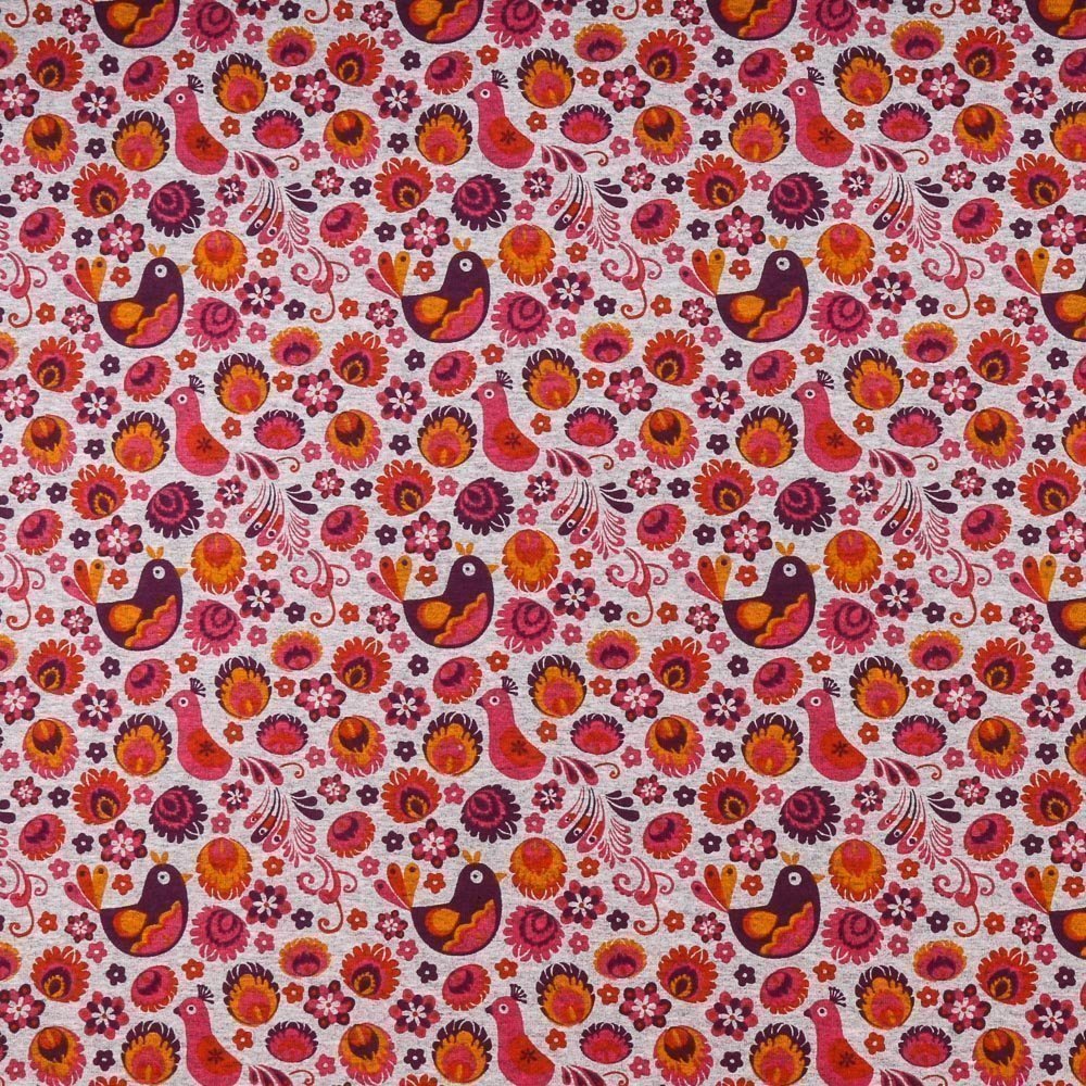 Tissu Jersey Coton Paons et oiseaux Fuschia sur fond Gris chiné