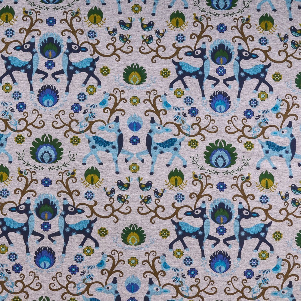 Tissu Jersey Coton Cerfs Bleus sur fond Gris chiné